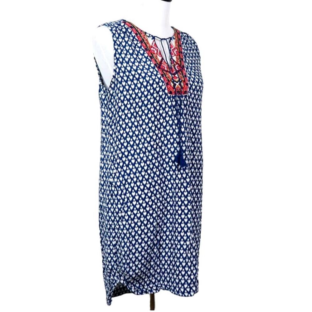 BeachLunchLounge Size M Kayla Shift Dress Boho Patterned Blue White - Picture 6 of 10